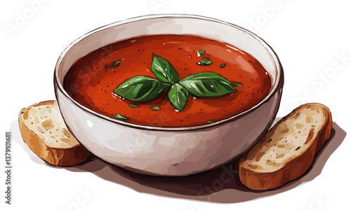Warm bowl of creamy tomato soup garnished with fresh basil, styled with rustic bread slices and natural light for a comforting culinary scene.