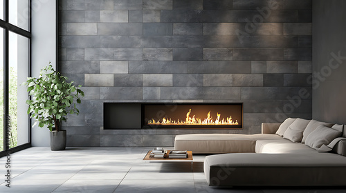 Fireplace decorated with stone tiles in minimalist interior design of modern living room with sofa © CreativeCreations