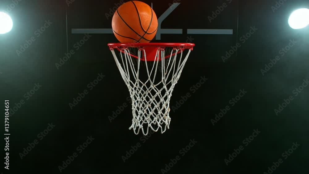 Super slow motion of basketball ball hitting the basket . Filmed on high speed cinema camera , 1000 fps , camera motion Super slow motion of basketball ball hitting the basket . Filmed on high speed cinema camera , 1000 fps , camera motion