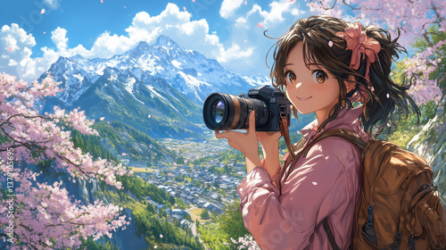An anime girl with a camera among cherry blossoms.
