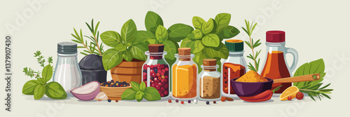 Vector illustration of spices and cooking ingredients including herbs and condiments