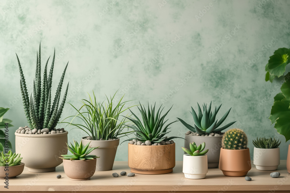 Fototapeta premium curated collection of potted succulents and cacti arranged on a wooden surface