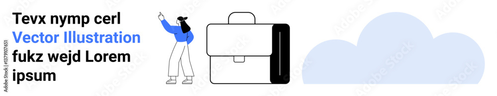 Woman gesturing upward near a briefcase and cloud. Ideal for business, digital storage, career, teamwork, innovation, cloud computing, simple landing page Woman gesturing upward near a briefcase and cloud. Ideal for business, digital storage, career, teamwork, innovation, cloud computing, simple landing page