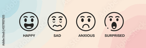 Simple emotion expression vector icons in a neat row with a gradient background – Ideal for digital design, educational materials, or psychology-related content.