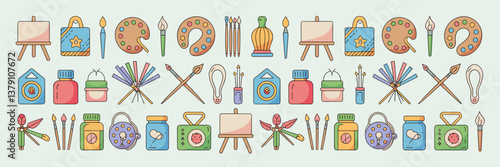 Collection of colorful art and DIY craft icons arranged in a circular pattern