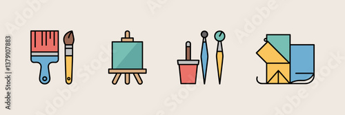 Minimalist vector icons of art and DIY craft tools, including paintbrush, easel, and knitting needles