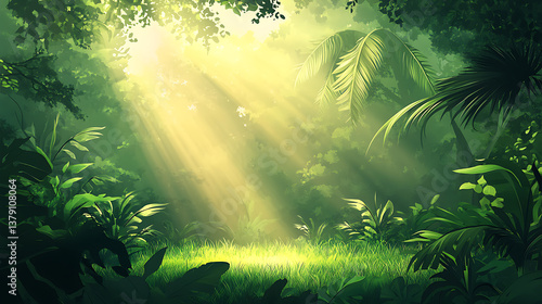 Fototapeta Naklejka Na Ścianę i Meble -  Sunlight falling onto a beautiful green jungle landscape in the morning
