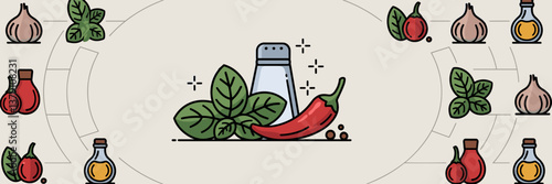 Vector icon set of spices and cooking ingredients arranged in a circular pattern
