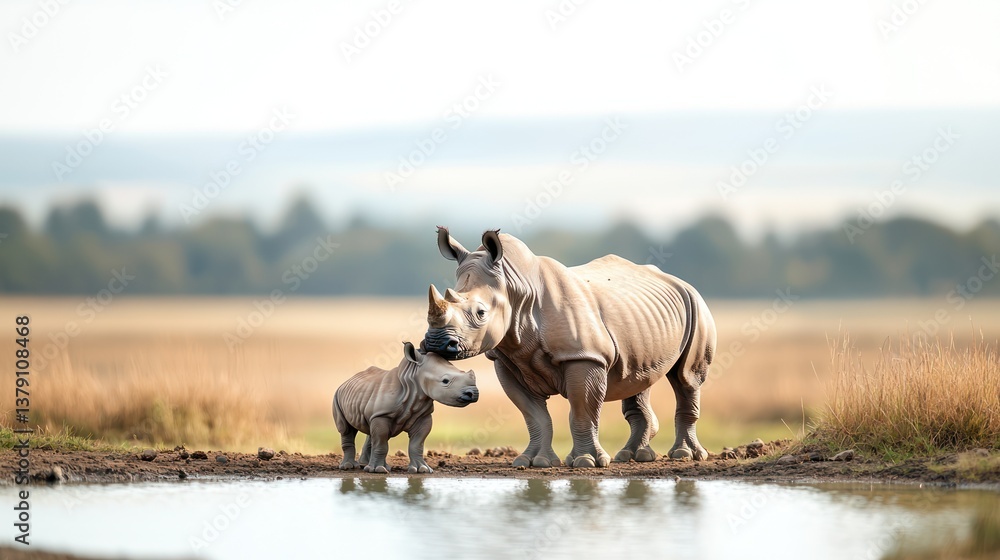 White rhino mother and calf by watering hole White rhino mother and calf by watering hole
