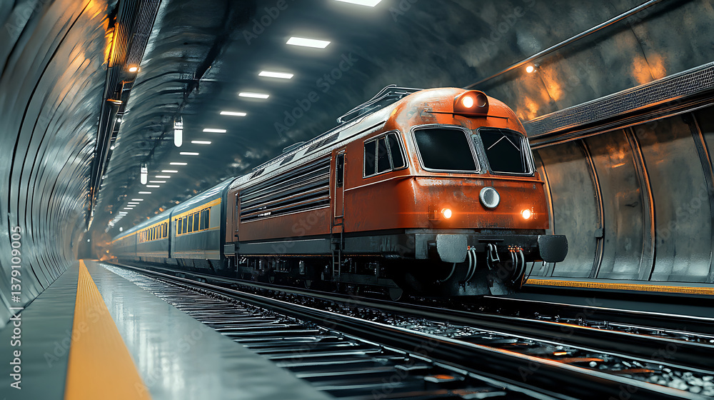 Fototapeta premium At the underground subway station is a train locomotive with wagons, 3d illustration