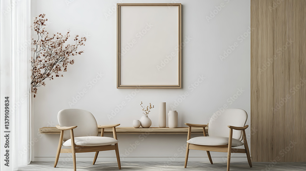 Fototapeta premium Light chill interior with chairs and shelf with decoration, mockup frame