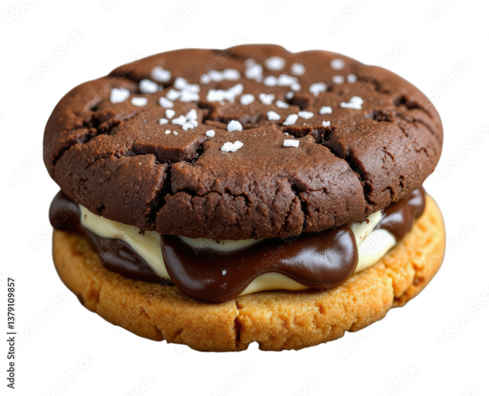 Gourmet Double Cookie Sandwich with Chocolate and Vanilla Cream Filling, Sea Salt Sprinkles and Dark Chocolate Cookie Top Isolated on Transparent and White Background Gourmet Double Cookie Sandwich with Chocolate and Vanilla Cream Filling, Sea Salt Sprinkles and Dark Chocolate Cookie Top Isolated on Transparent and White Background