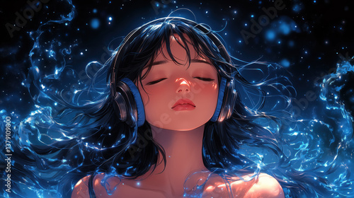 Music portrait of girl in blue light.