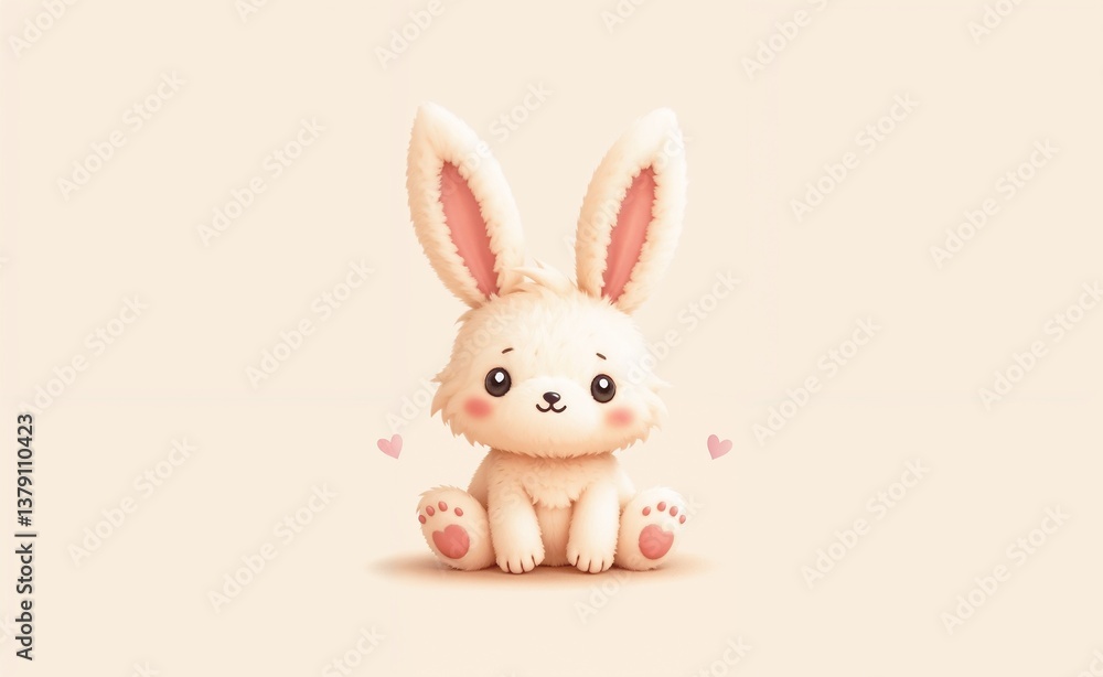 Cute bunny character sitting with love hearts on a soft background Cute bunny character sitting with love hearts on a soft background