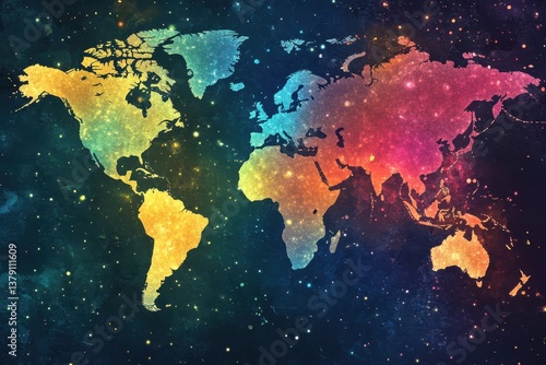 Fototapeta Naklejka Na Ścianę i Meble -  Abstract world map with colorful lights on dark background Vector illustration Colorful world map hologram with every individual country with different colors .