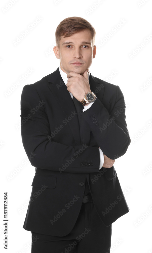 Man in classic suit with stylish watch on white background Man in classic suit with stylish watch on white background