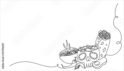 Minimalist corner art for cinco de mayo, day of the dead celebration. Sketch mexican food. Chili, tacos, nachos, burrito, avocado, skull shaped plate. Design for mexican holidays. Vector illustration.