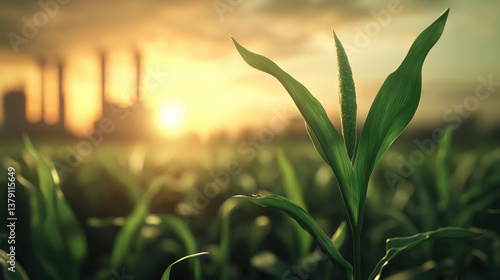 vibrant cornfield at sunrise with focus on single corn plant, symbolizing growth and sustainability