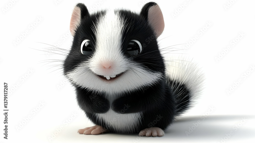 Fototapeta premium Adorable Black and White Chinchilla Rodent with Big Eyes Smiling Isolated on White Background Studio Shot