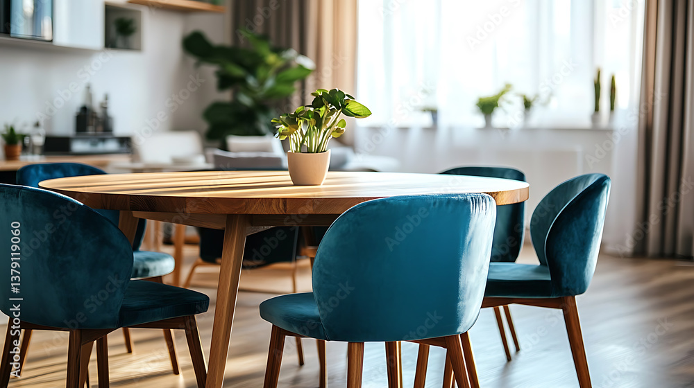 Turquoise chairs at wooden round dining table, scandinavian home interior design of modern dining room Turquoise chairs at wooden round dining table, scandinavian home interior design of modern dining room