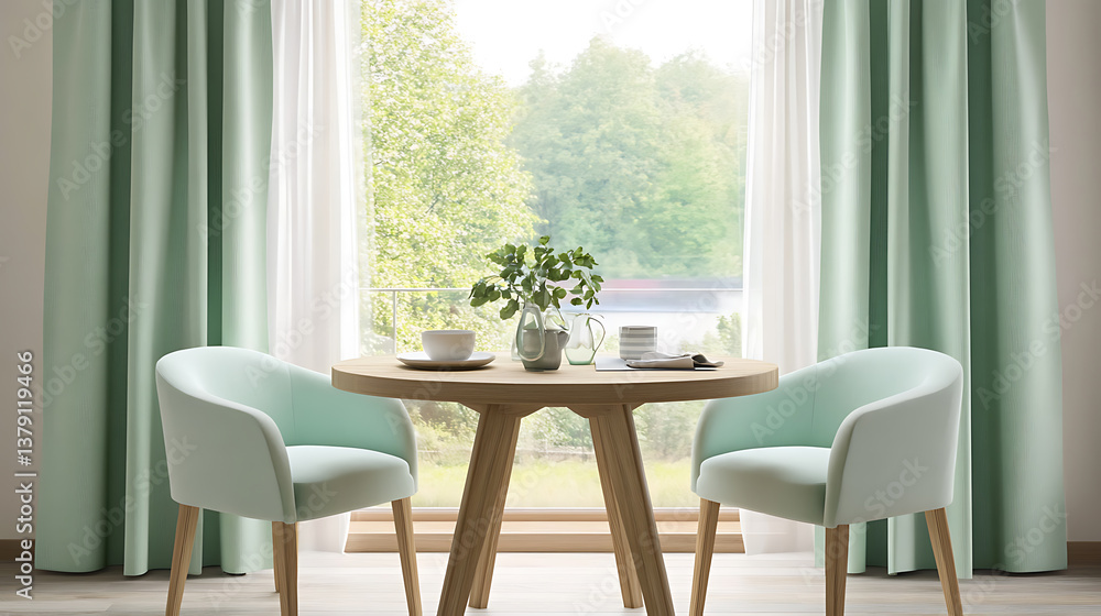 Obraz premium Two mint color chairs at round wooden dining table against window dressed with light green and white curtains, scandinavian interior design of modern dining room