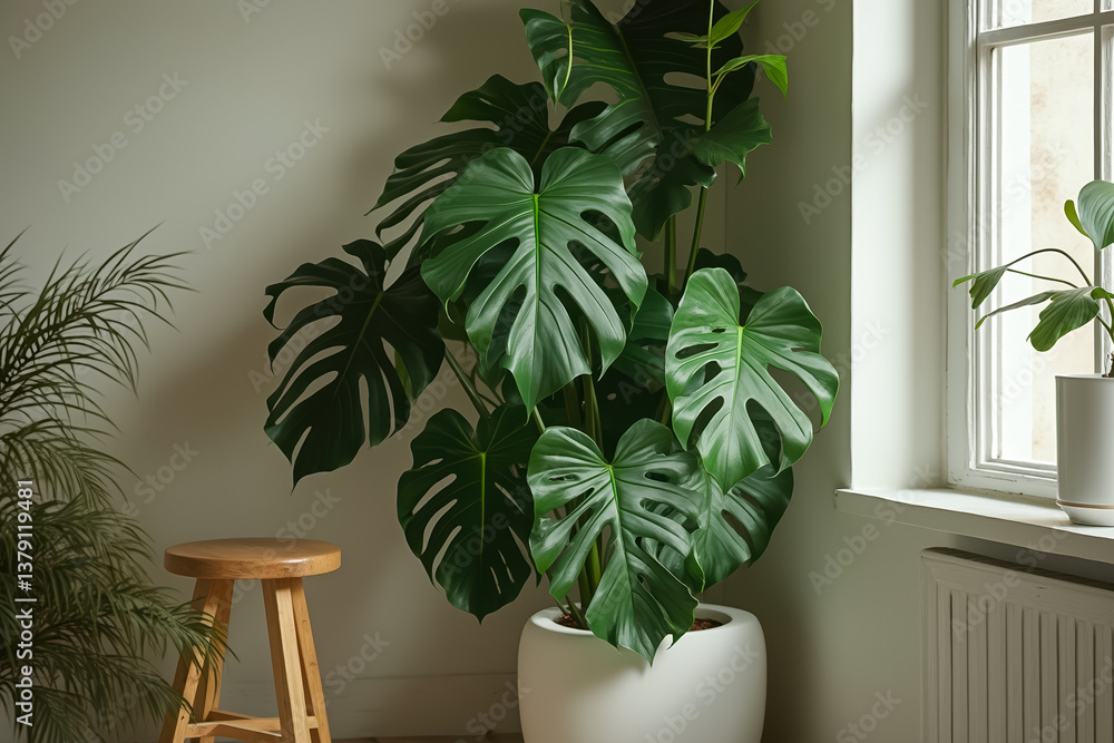 Fototapeta premium large monstera deliciosa plant in a white pot sits in a bright corner of a room