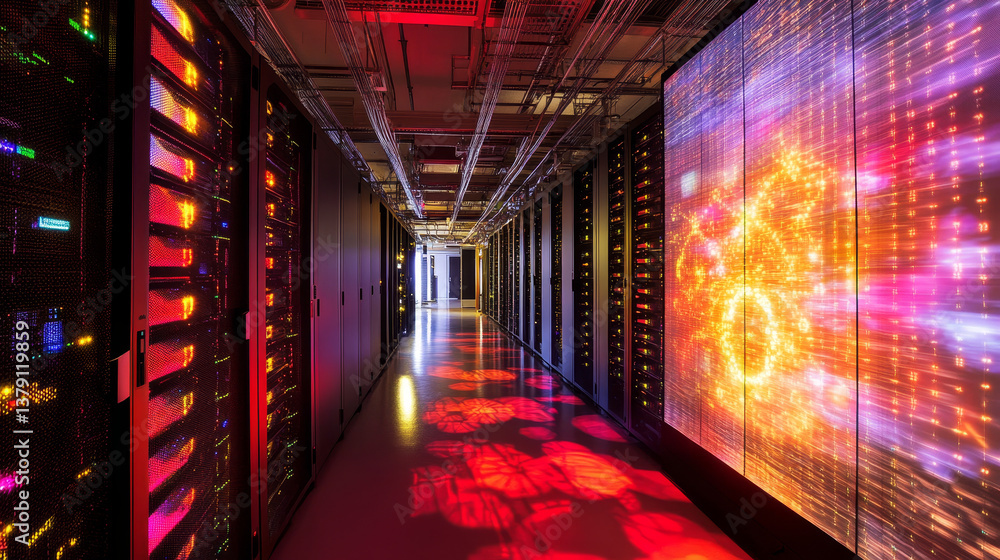 Fototapeta premium Shot of Corridor in Working Data Center Full of Rack Servers and Supercomputers with High Internet Visualisation Projection.