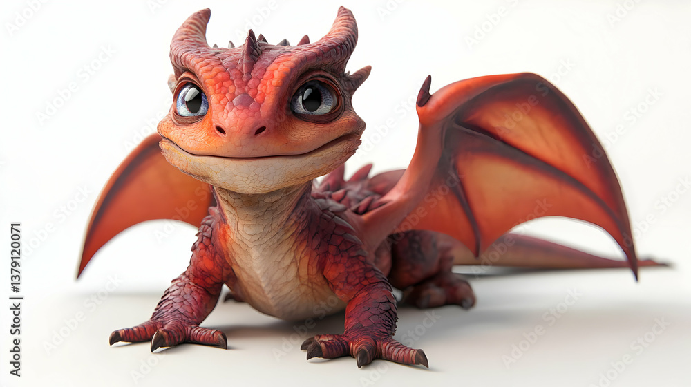 Fototapeta premium Adorable Red Baby Dragon with Big Eyes Posing on White Background in Bright Studio Lighting Detailed Scales and Wings