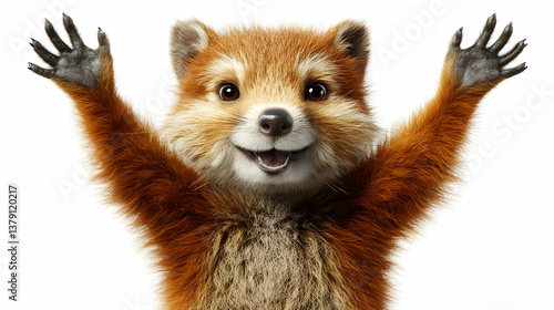 Adorable Red Panda with Upright Posture Open Arms Against Clean White Background In Captivating Studio Shot