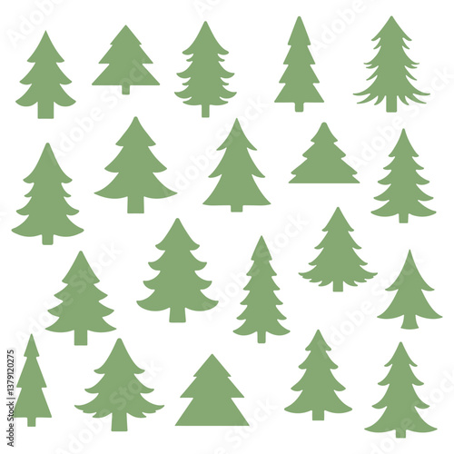Vector illustration featuring a variety of green pine tree silhouettes. Perfect for design projects, patterns, and holiday-themed decorations. Includes various shapes and sizes.