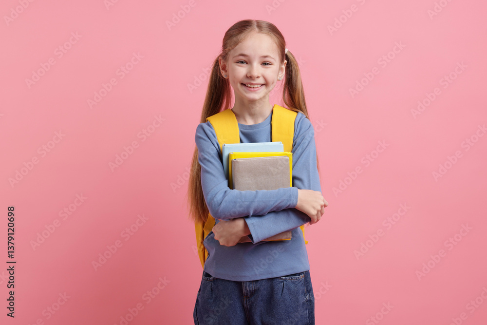 Schoolgirl with backpack and books on pink background Schoolgirl with backpack and books on pink background