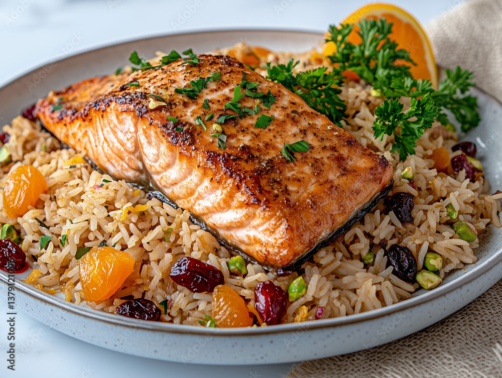 Seared salmon fillet with jeweled rice pilaf and orange slice