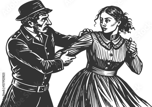 police officer restraining a woman in Victorian-era attire, historical tension and dramatic moment in vintage style sketch linocut vector