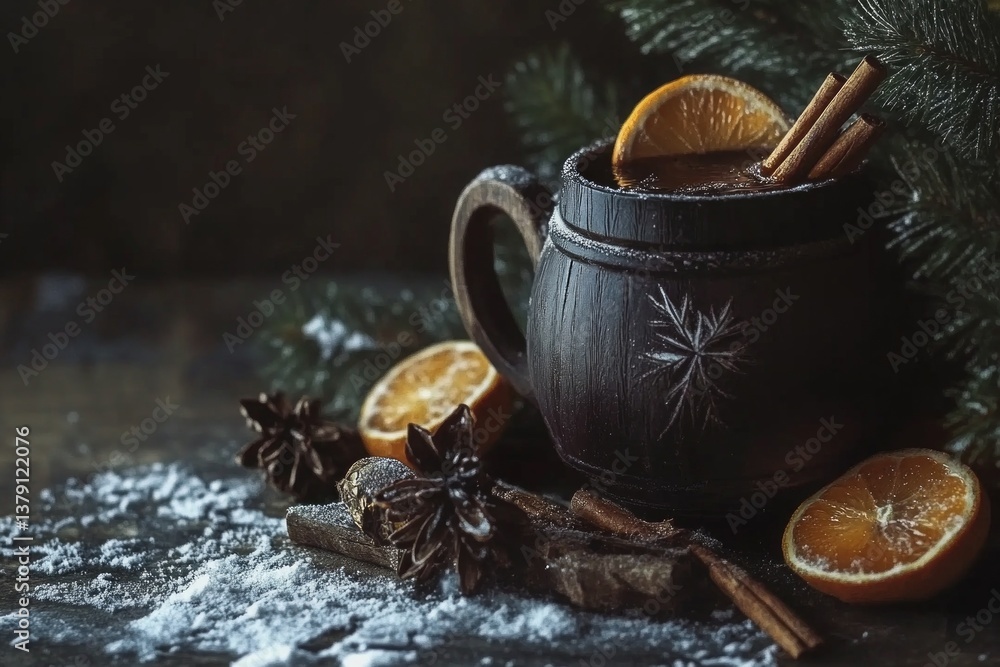custom made wallpaper toronto digitalRustic mug with mulled wine, cinnamon sticks and orange slices on dark wooden festive table