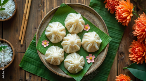 Wallpaper Mural six delicately pleated steamed buns on a banana leaf Torontodigital.ca