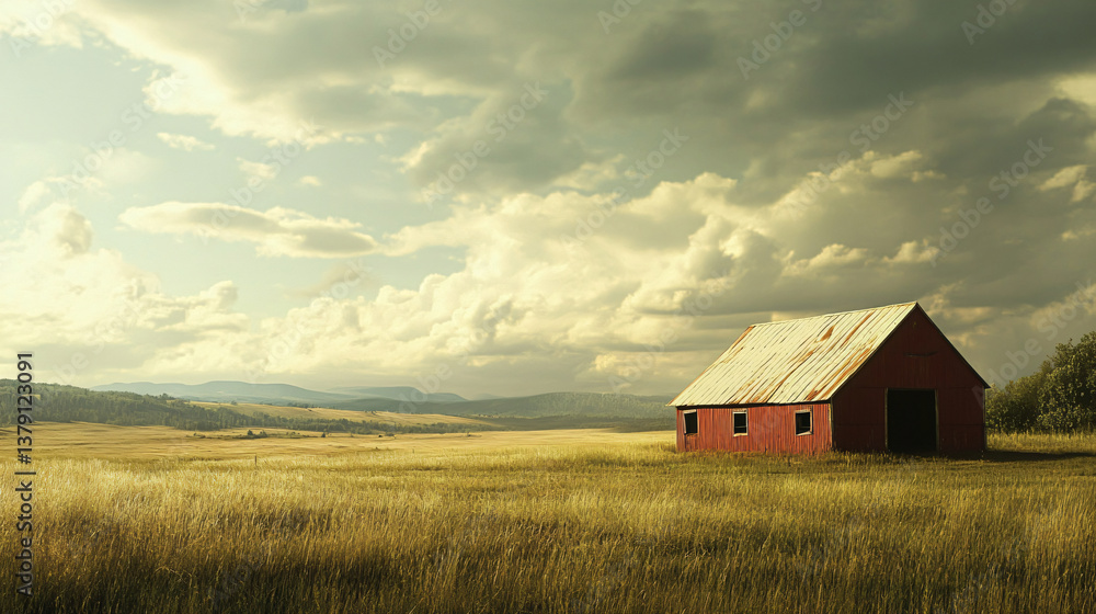 A red barn standing peacefully in a vast golden meadow A red barn standing peacefully in a vast golden meadow