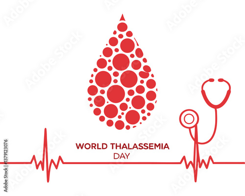World Thalassemia Day: blood drop filled with cells and a stethoscope.
