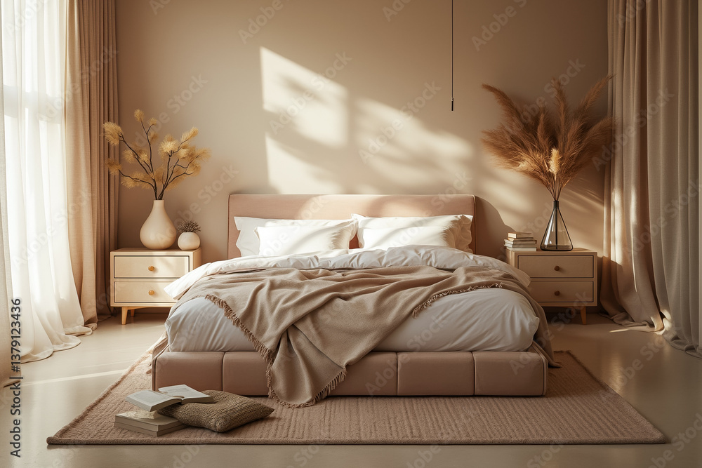 Fototapeta premium serene beige bedroom interior with soft bedding and dried flowers
