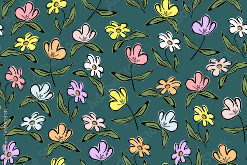 Seamless floral pattern. Flowers and leaves. Black outline, multicolored pastel petals. Primitive simple flower drawing on dark background. Botanical design for textiles, packaging, postcards
