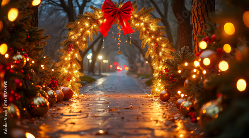 lush fir christmas archway with red bow and fairy lights