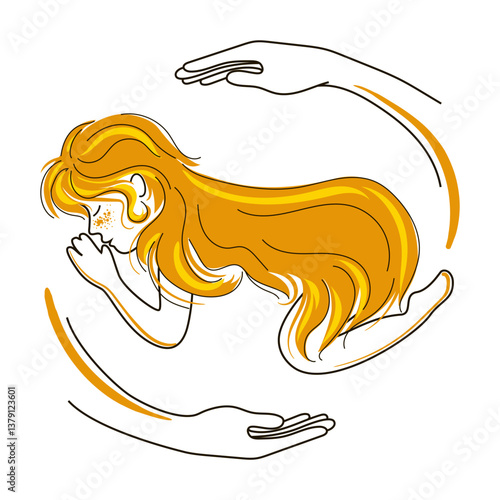 Little red-haired girl who sleeps. Her hair covers her like a blanket, and two feminine maternal hands are painted next to her, protecting her. Vector illustration isolated on a white background