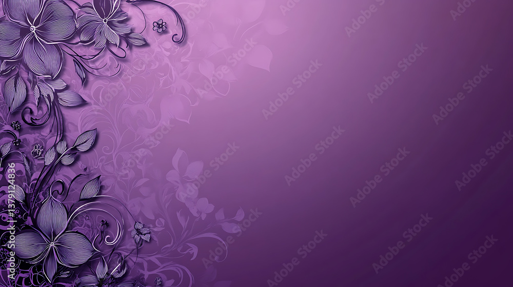 Violet purple background with lace-inspired floral patterns on the left side, creating an elegant and sophisticated design for a banner or poster template Violet purple background with lace-inspired floral patterns on the left side, creating an elegant and sophisticated design for a banner or poster template