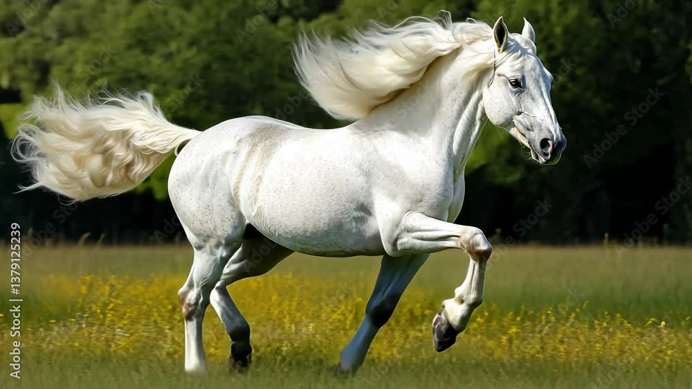 White horse galloping in a field White horse galloping in a field