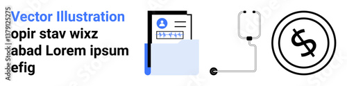 Documents folder, IV drip, and dollar coin visualization reflect medical data, treatment, and financial implications. Ideal for healthcare, finance, costs, data treatment records or abstract line