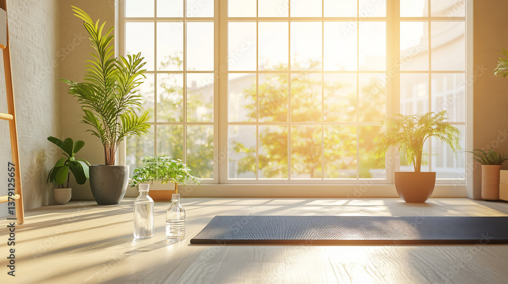 Empty Stylish Loft Apartment With Big Window. Sun Shinning on Spacious and Bright Living Room With Yoga Mat and Bottle of Water Laying on the Floor. Preperation For Online Workout Concept. Empty Stylish Loft Apartment With Big Window. Sun Shinning on Spacious and Bright Living Room With Yoga Mat and Bottle of Water Laying on the Floor. Preperation For Online Workout Concept.