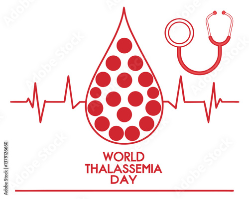 World Thalassemia Day: blood drop filled with cells and a stethoscope.