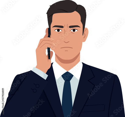 Businessman in a suit talking on a phone with a serious expression, flat vector art