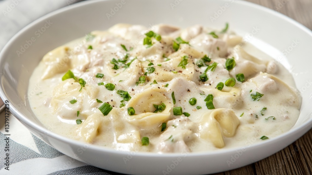 Elegant presentation of creamy tortellini in a white bowl with garnishes for a culinary delight Elegant presentation of creamy tortellini in a white bowl with garnishes for a culinary delight