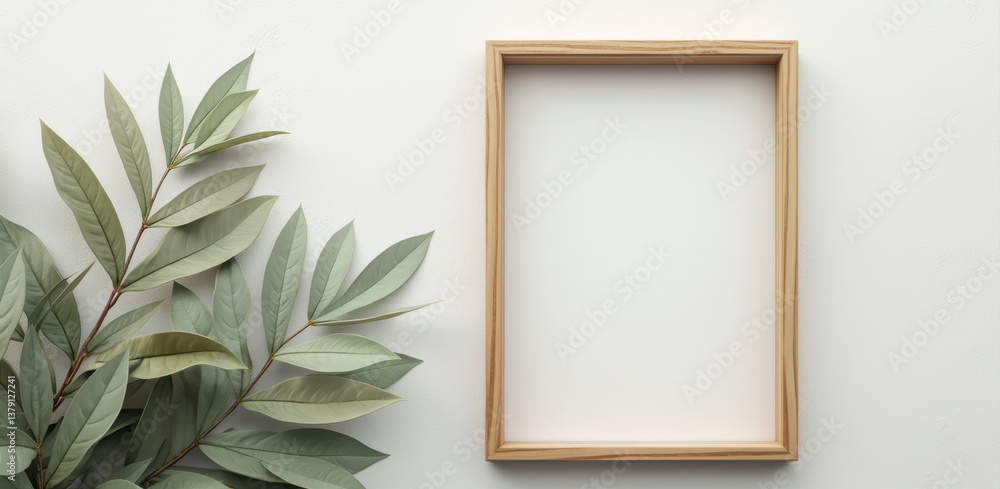 blank light wooden frame with pale green leaves on beige background blank light wooden frame with pale green leaves on beige background