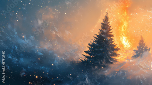 Winter solstice: frost-kissed evergreen aflame with light, a design element embodying resilience and the dance between cold & fire. Frost-Kissed Symbols. Illustration